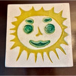 Bennington Pottery MCM Vintage Ceramic Sun Face Wall Tile Trivet 8" sq